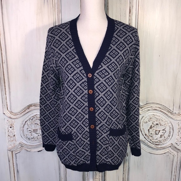 VINTAGE Rosanna Preppy Navy and White Long Sleeve Cardigan Sweater Size Medium - Picture 1 of 12